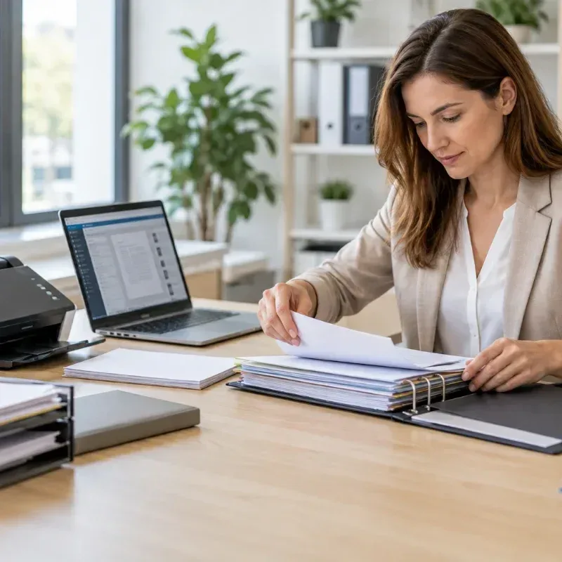 Backoffice-Arbeitsplatz mit Dokumenten und Bildschirm